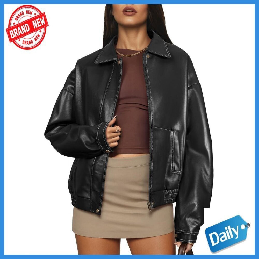 Faux Leather Bomber Jacket Oversized Relaxed Fit Fall Winter Fashion